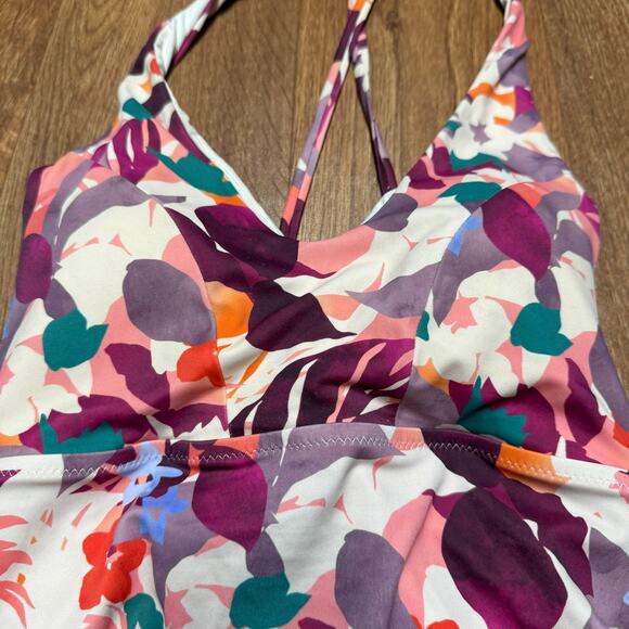 Athleta Womens Purple Floral Lace Up Tankini Swim Suit Top Size Small Tall ST - Picture 3 of 7